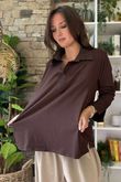 Essential Body Stretch Cotton Collar & Cuff Shirt Chocolate /50 pre order 1 week 